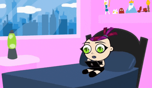 a cartoon girl with green eyes is sitting on a bed using a tablet