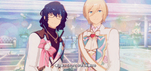 two anime characters standing next to each other and one is holding a cake