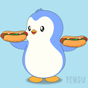 a penguin is holding two hot dogs in its arms and the word pengu is on the bottom