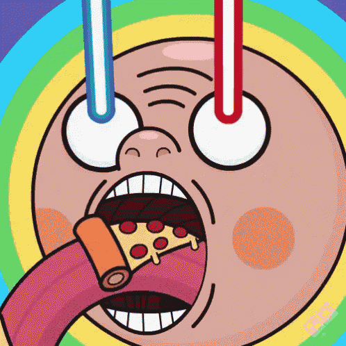 a cartoon character eating a slice of pizza
