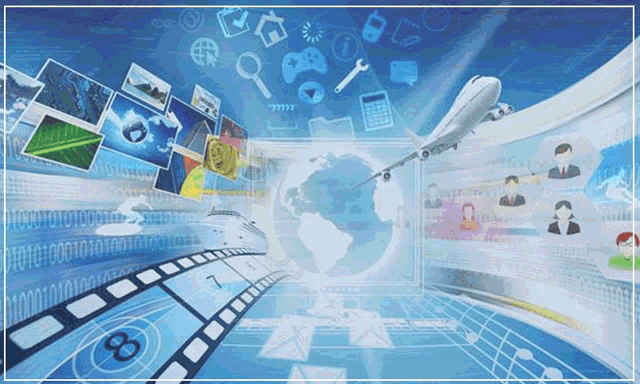 an airplane is flying over a globe in a futuristic world surrounded by icons .
