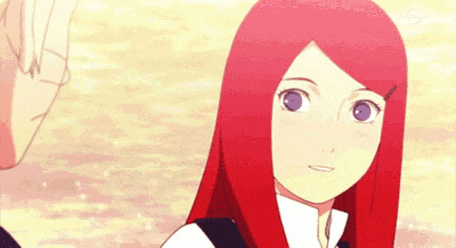 a girl with red hair and purple eyes looks at a man