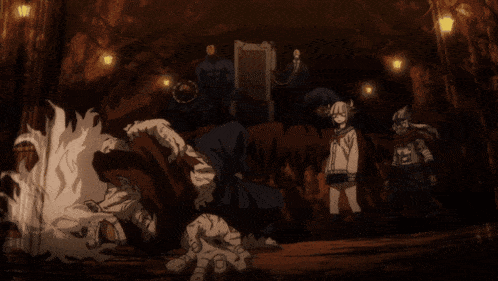 a group of anime characters are standing around a man laying on the ground