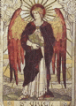 a painting of an angel with red wings holding a book
