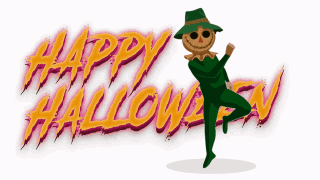 a scarecrow stands in front of a happy halloween sign