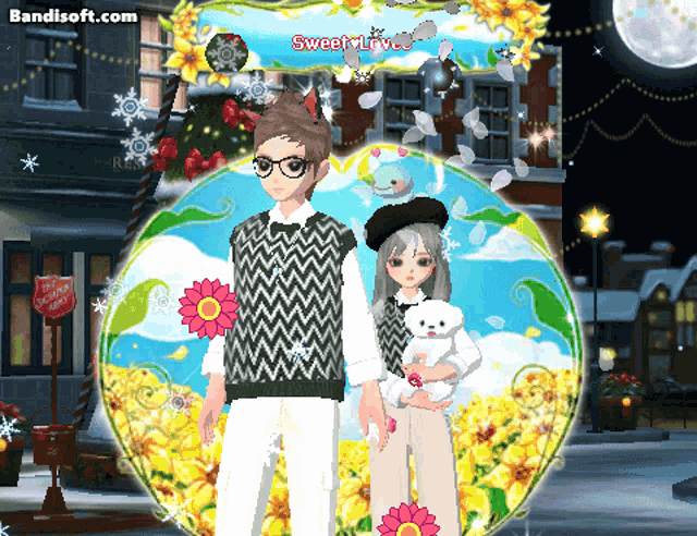 a boy and a girl are standing in front of a sign that says sweet love on it