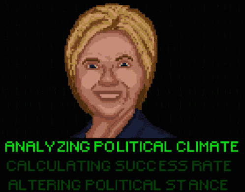 a pixel art of hillary clinton with the words " calculating success rate altering political stance " behind her