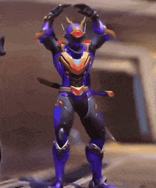 a purple and black robot with horns and a sword is dancing