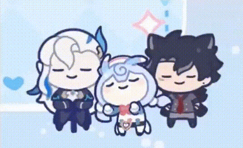 a group of three cartoon characters standing next to each other .