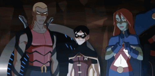 a group of cartoon characters are standing next to each other and one of them has the letter r on his chest