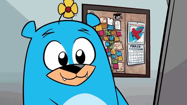 a cartoon character is standing in front of a bulletin board with sticky notes and a calendar that says march