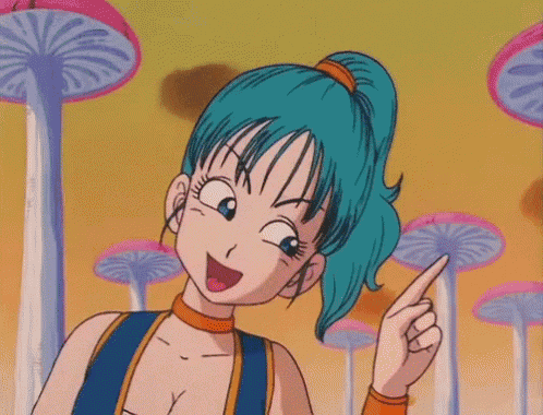 a girl with blue hair and a ponytail points at something