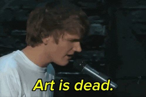 a man singing into a microphone with the words " art is dead " above him