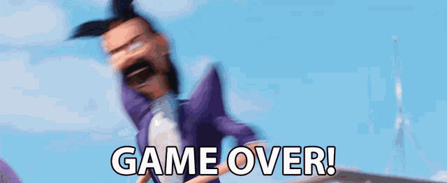 a cartoon character with a mustache is jumping in the air with the words game over behind him
