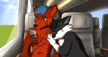 a cartoon drawing of two furry animals on a train with one holding a phone