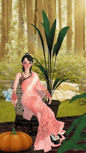 a woman in a pink dress is sitting on a chair