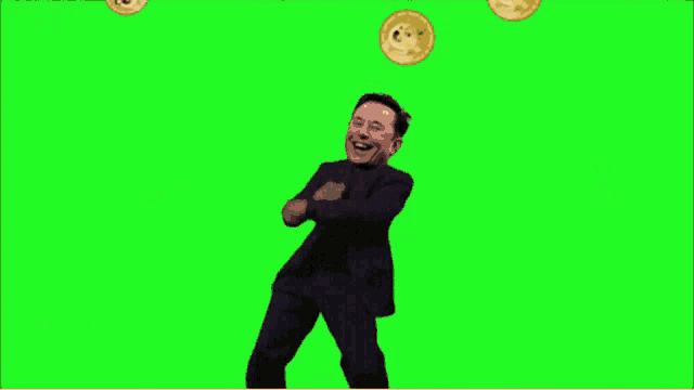 a man in a suit is dancing in front of a green screen with doge coins flying around him