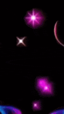 a woman 's face is surrounded by purple and blue lights and the word happy is on the bottom right