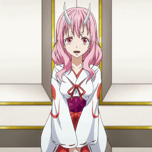 a girl with pink hair and horns is wearing a kimono
