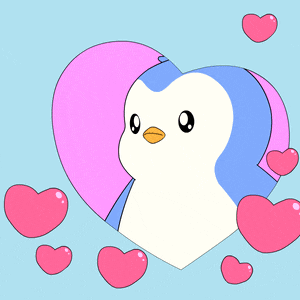 a blue and white penguin is surrounded by pink hearts on a blue background