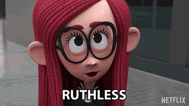 a cartoon character with red hair and glasses says ruthless on the screen