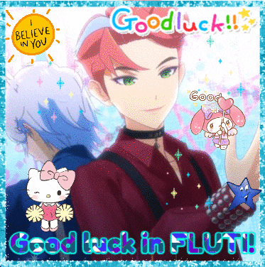 a greeting card with a hello kitty and a boy says good luck in flun