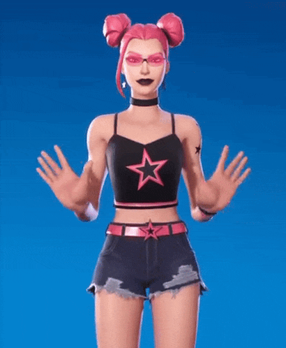a woman with pink hair is wearing a black top with a pink star on it and shorts .