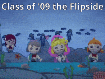 a group of stuffed dolls are swimming in the water with the words class of '09 the flipside below them