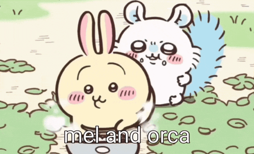 a cartoon of a rabbit and a squirrel with the words mel and orca above them
