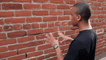 a man in a black shirt stands in front of a brick wall