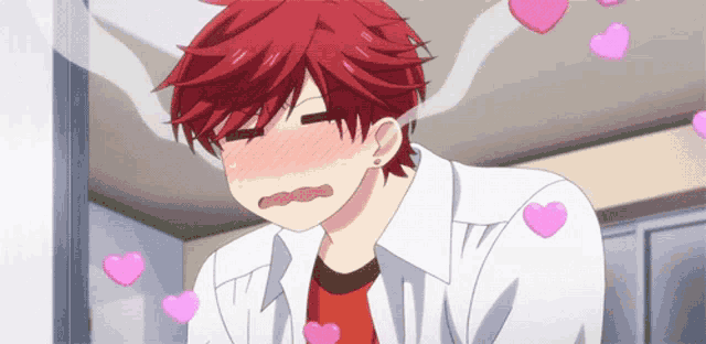 a red haired anime character with pink hearts surrounding him