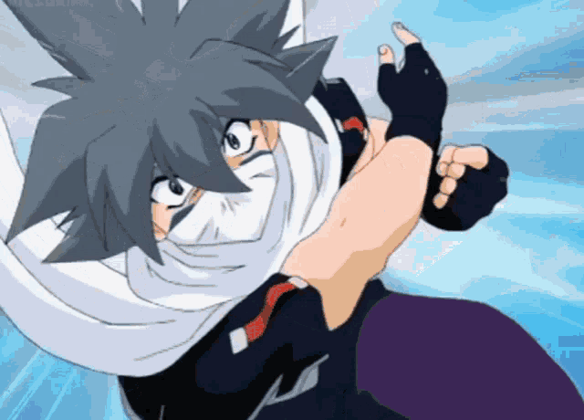 a cartoon character with a white scarf around his face is flying through the air