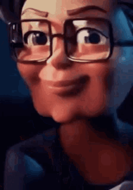a close up of a cartoon character wearing glasses and making a funny face .