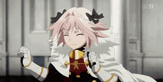 a girl with pink hair and white gloves is smiling and holding a sword