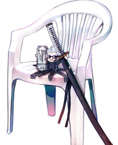 a can of monster energy sits next to a sword on a chair