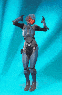 a woman in a futuristic suit is dancing on a blue background