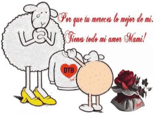 a cartoon of a sheep holding a sweater that says dtb on it