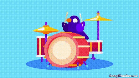 a penguin is playing drums in a band .