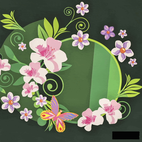 a butterfly is surrounded by pink flowers and green leaves