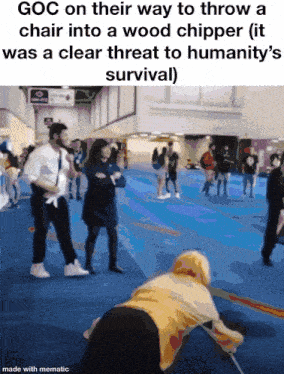 a meme about goc on their way to throw a chair into a wood chipper was a clear threat to humanity