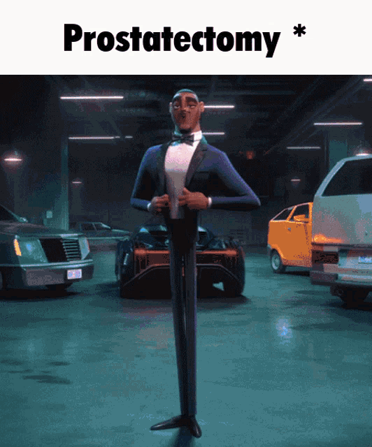 a man in a tuxedo and bow tie is standing in a garage with cars and the word prostatectomy written above him