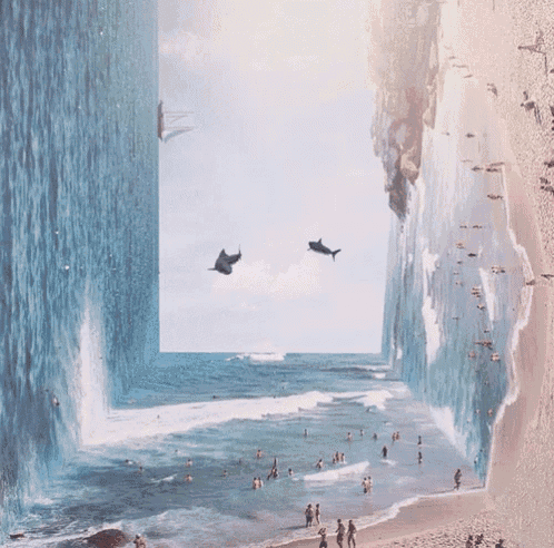 a shark is swimming in the ocean while people are swimming on the beach