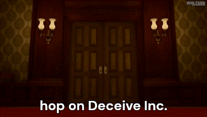 a pixelated image of a man standing in a doorway with the words hop on deceive inc.