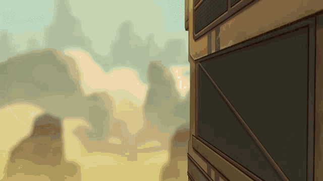 a cartoon drawing of a desert landscape with a building in the foreground