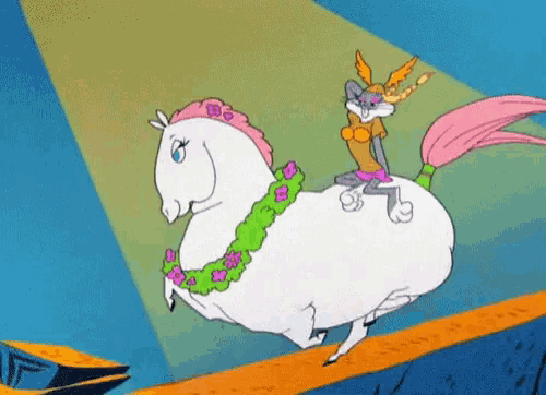 bugs bunny is riding on the back of a horse