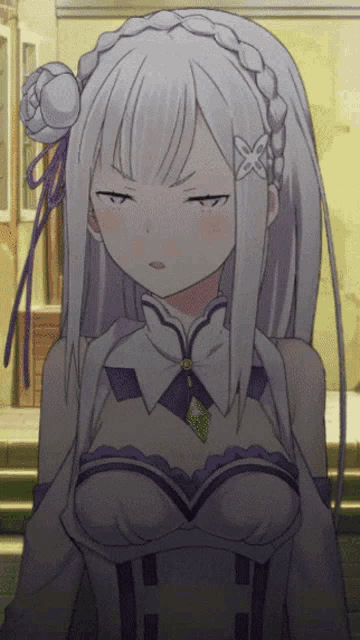 a girl with white hair and a braided flower in her hair is making a funny face