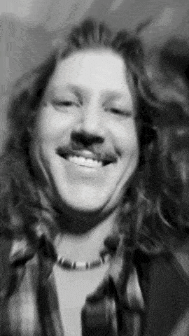 a man with long hair and a mustache is smiling .