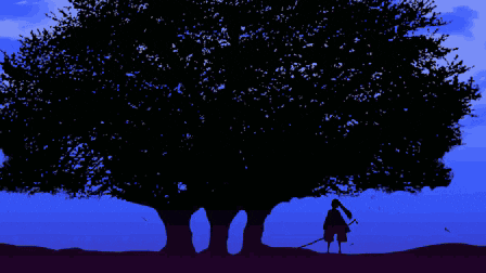a pixel art of a girl holding a sword in front of a tree