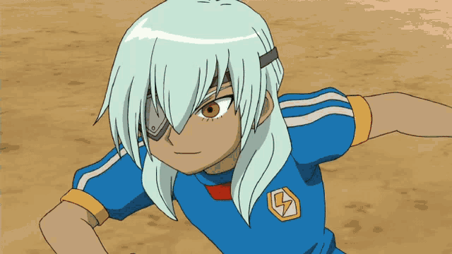 a cartoon character with white hair and a lightning bolt on his shirt