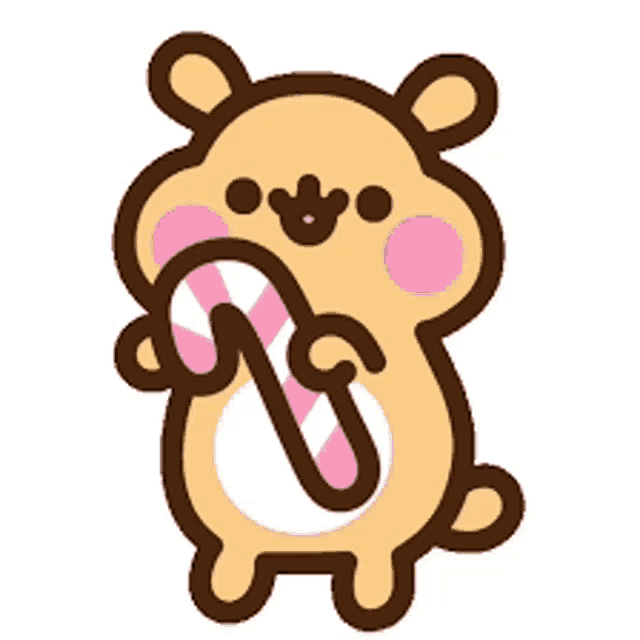 a cartoon hamster is holding a pink and white candy cane